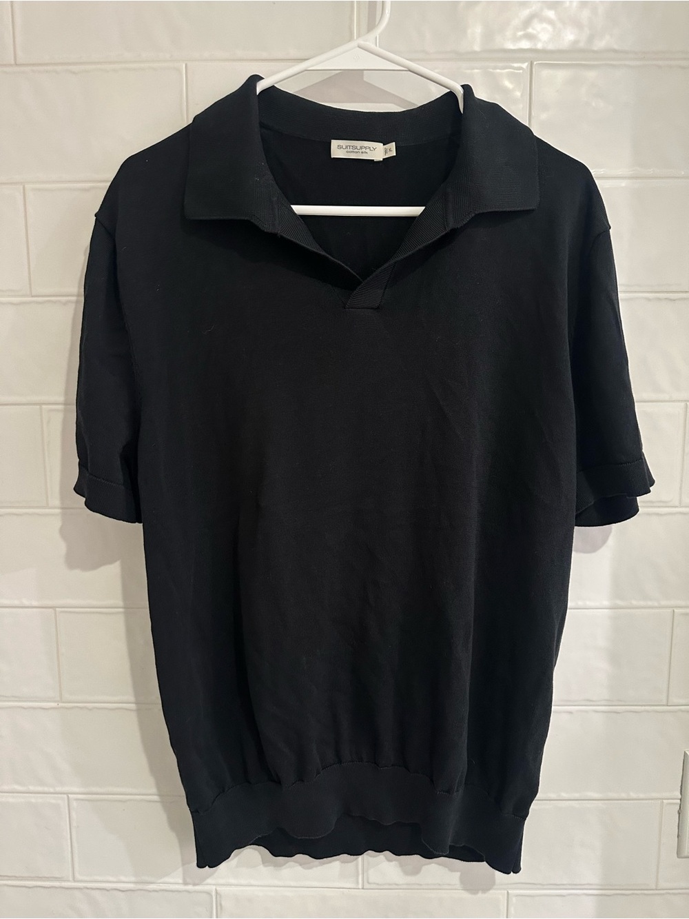 Suitsupply Mens Cotton Silk Knit Polo Shirt Black Johnny Collar Size XL